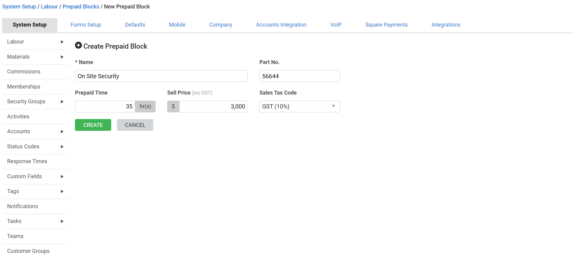 A screenshot of the Create Prepaid Block page.